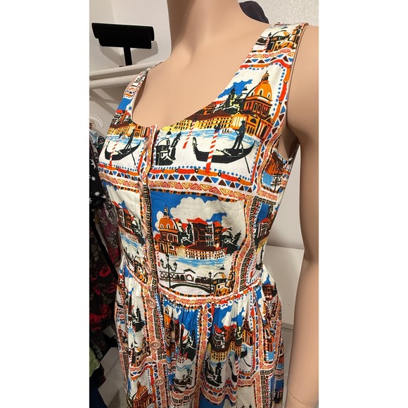 Joanie Venice Italy Gondola Novelty Print Cotton Midi Dress Blue Orange Size 4 - Picture 14 of 14